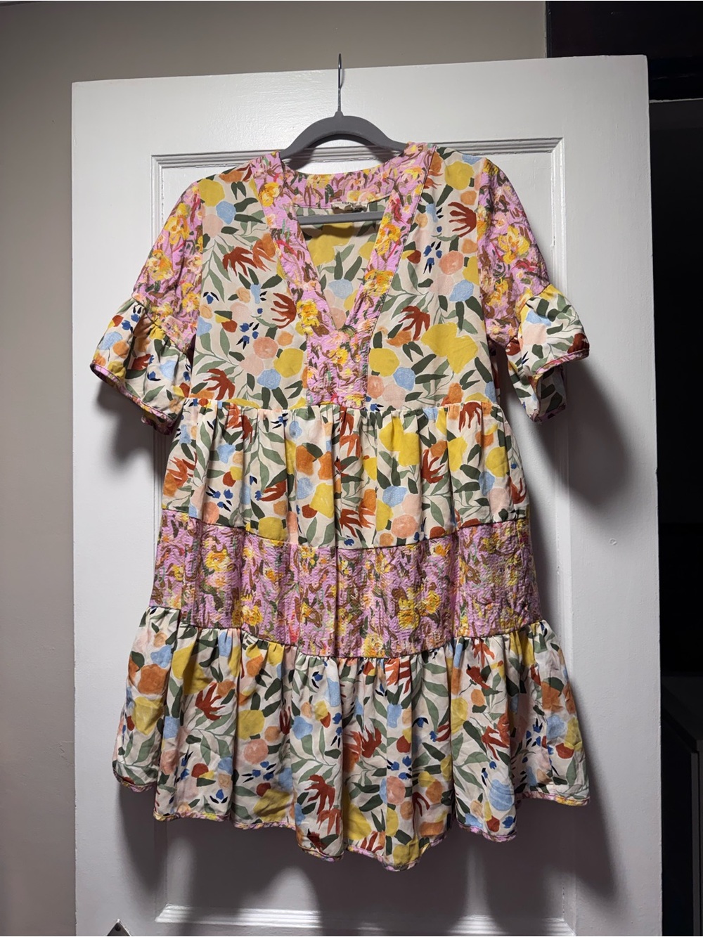 entro Floral Tiered V-Neck Dress - Pink, Yellow, Green, Blue